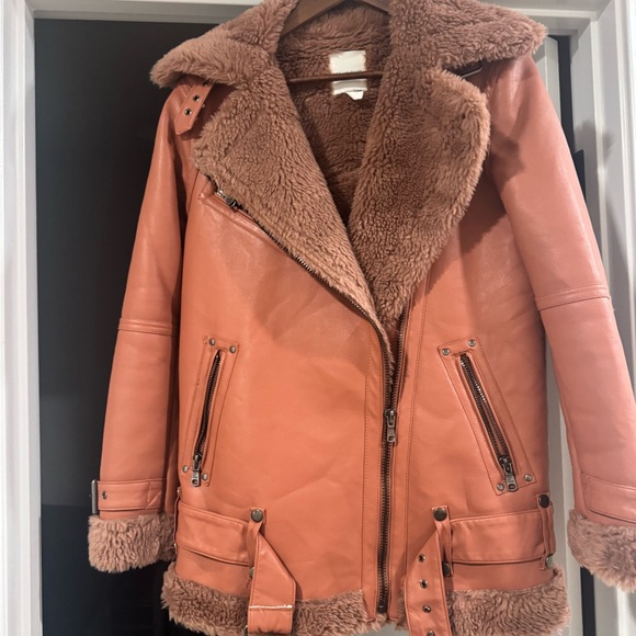 Avec Les Filles Pink Faux Leather Jacket with Shearling Trim - Picture 2 of 4